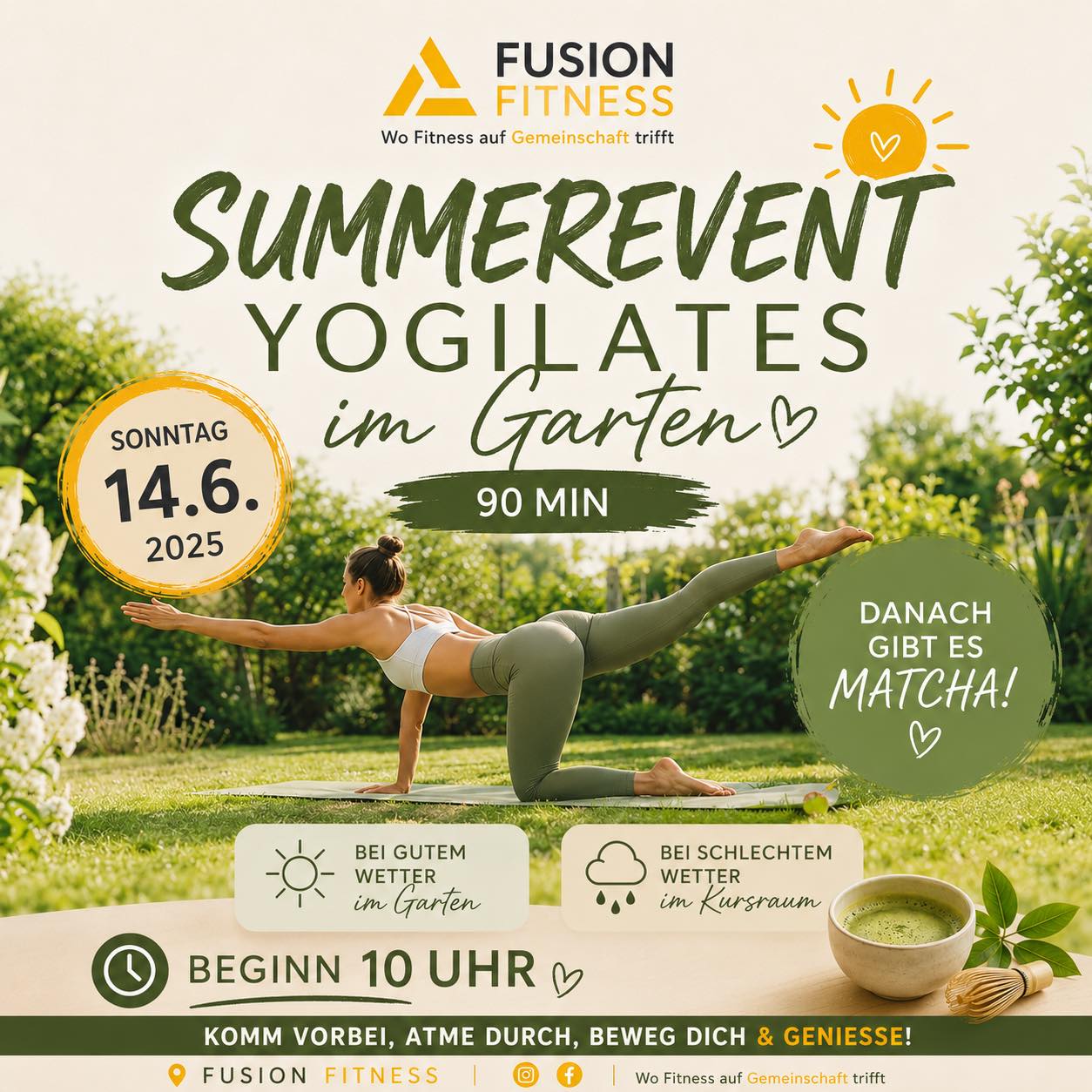 🌿☀️ SUMMEREVENT FUSION FITNESS ☀️🌿

Starte mit uns entspannt in den Sommer! 🧘‍♀️💚

Am Sonntag, den 14.06., erwartet dich