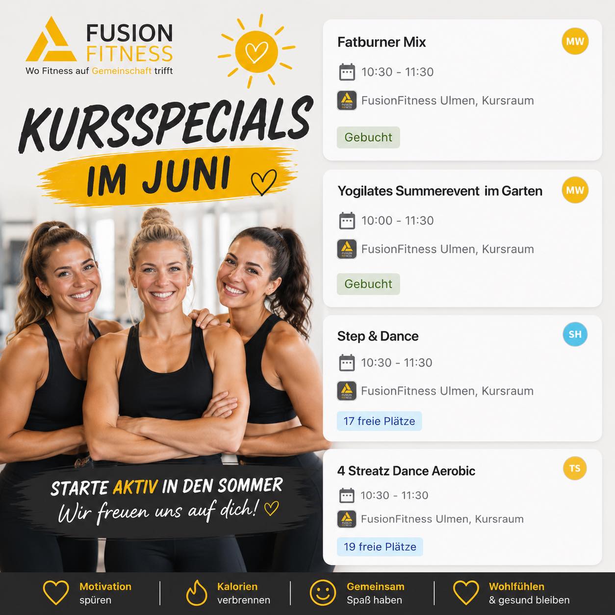 🔥 KURSSPECIALS IM JUNI 🔥

Der Sommer steht vor der Tür – und wir haben für euch einige besondere Kurshighlights vorberei
